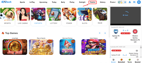 Truy cập trang chủ 8xbet và điều hướng đến casino